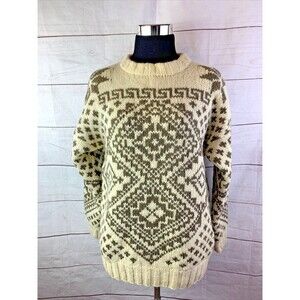 Sweater Pullover 100% wool handknit beige unisex geometric Aztec tribal aran